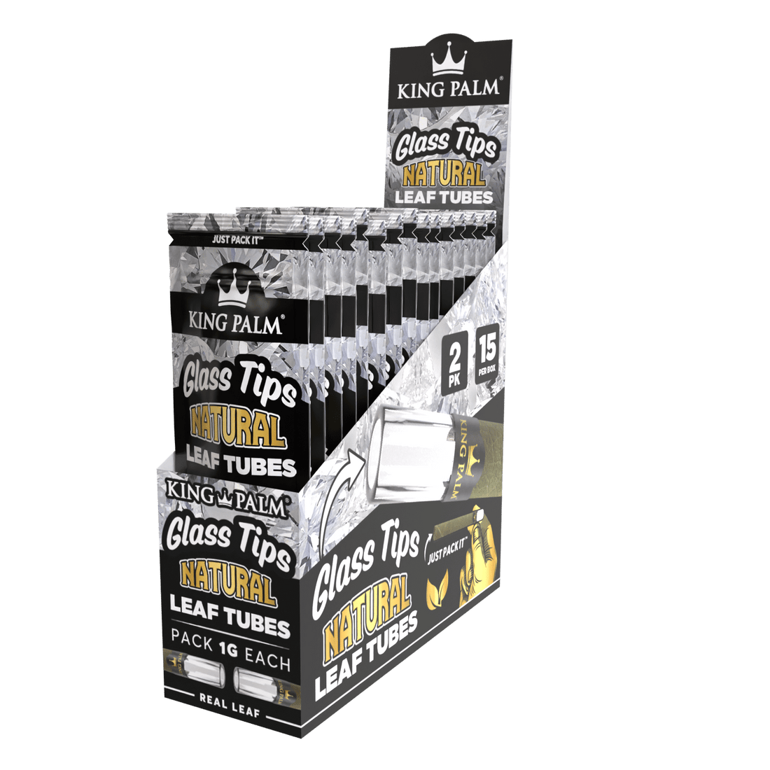 King Palm - Glass Tips | Natural Leaf Tubes| 1G Each | 2Pack | 16packs/Box | WR13