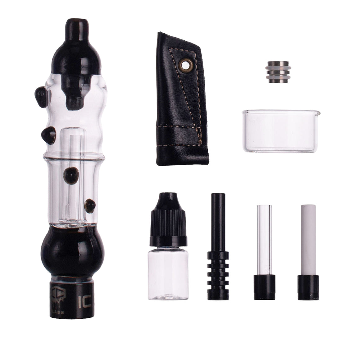 IC GLASS -MIST TWIST | The Huni Badger companion | Includes Titanium, Ceramic & quartz Tip with protector, drip bottle & Glass bucket | Comes with Adapter for HUNI BADGER | ICNC1044
