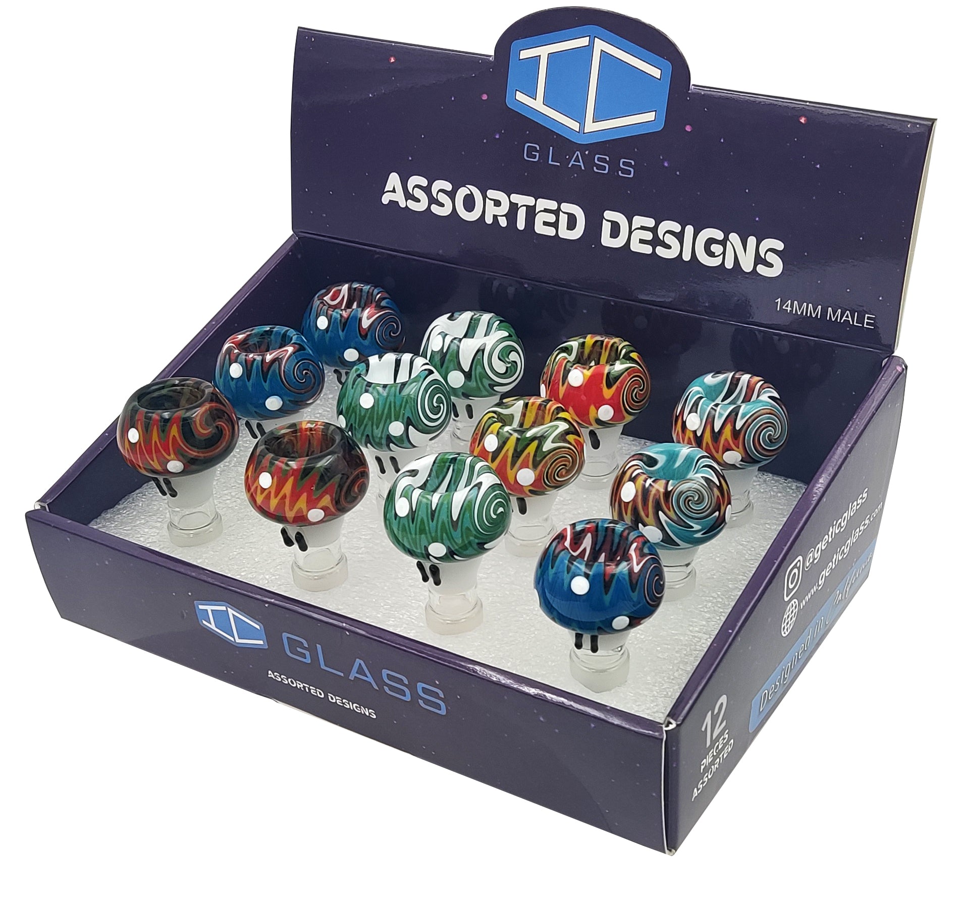 IC GLASS - New Wigwag Bowl Pieces |  14MM Male | 5 Styles | 12 pcs/Box | $7.50 PER PC