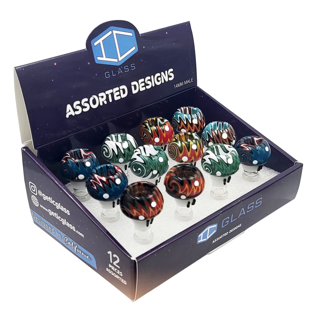 IC GLASS - New Wigwag Bowl Pieces |  14MM Male | 5 Styles | 12 pcs/Box | $7.50 PER PC
