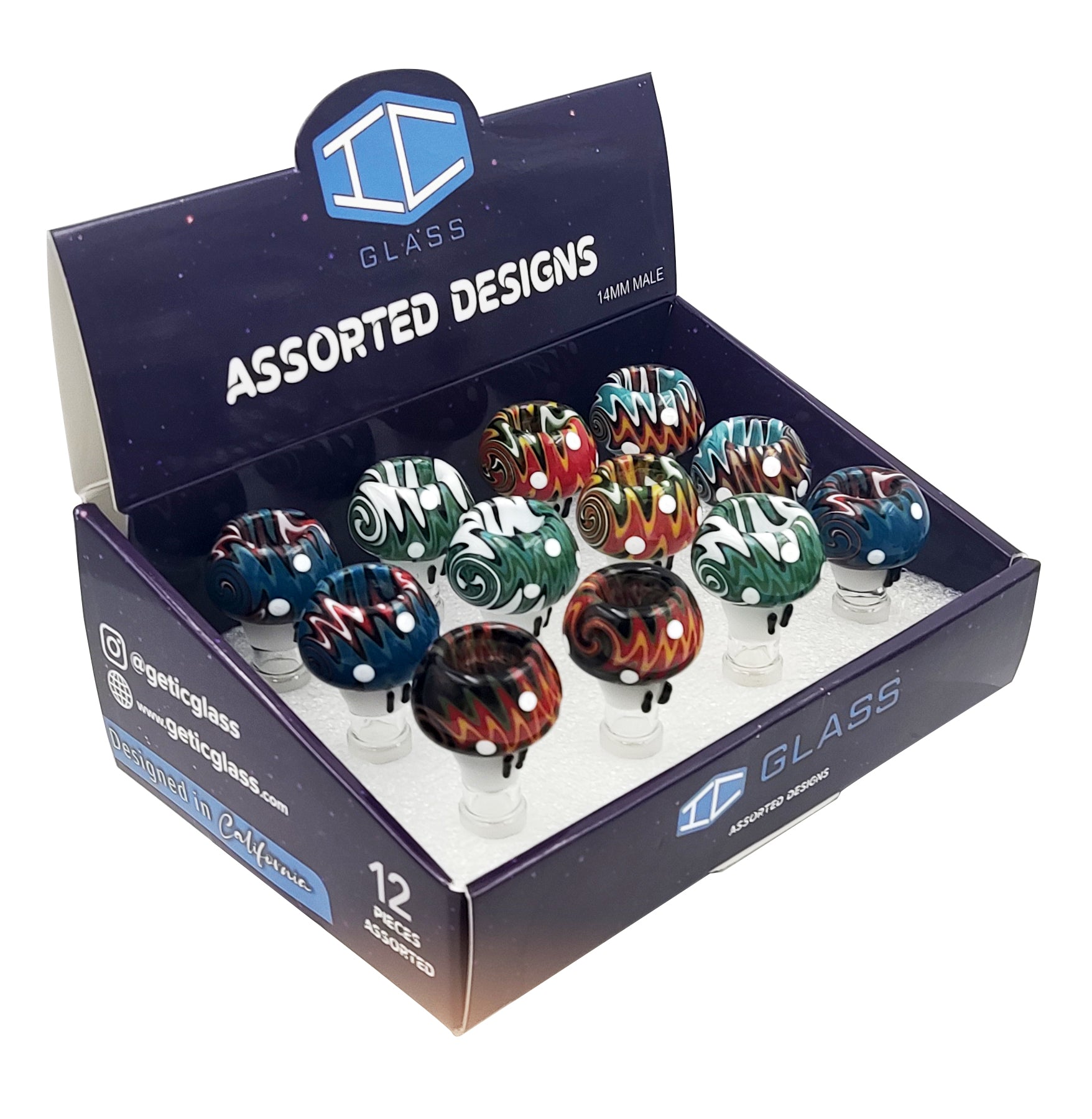 IC GLASS - New Wigwag Bowl Pieces |  14MM Male | 5 Styles | 12 pcs/Box | $7.50 PER PC