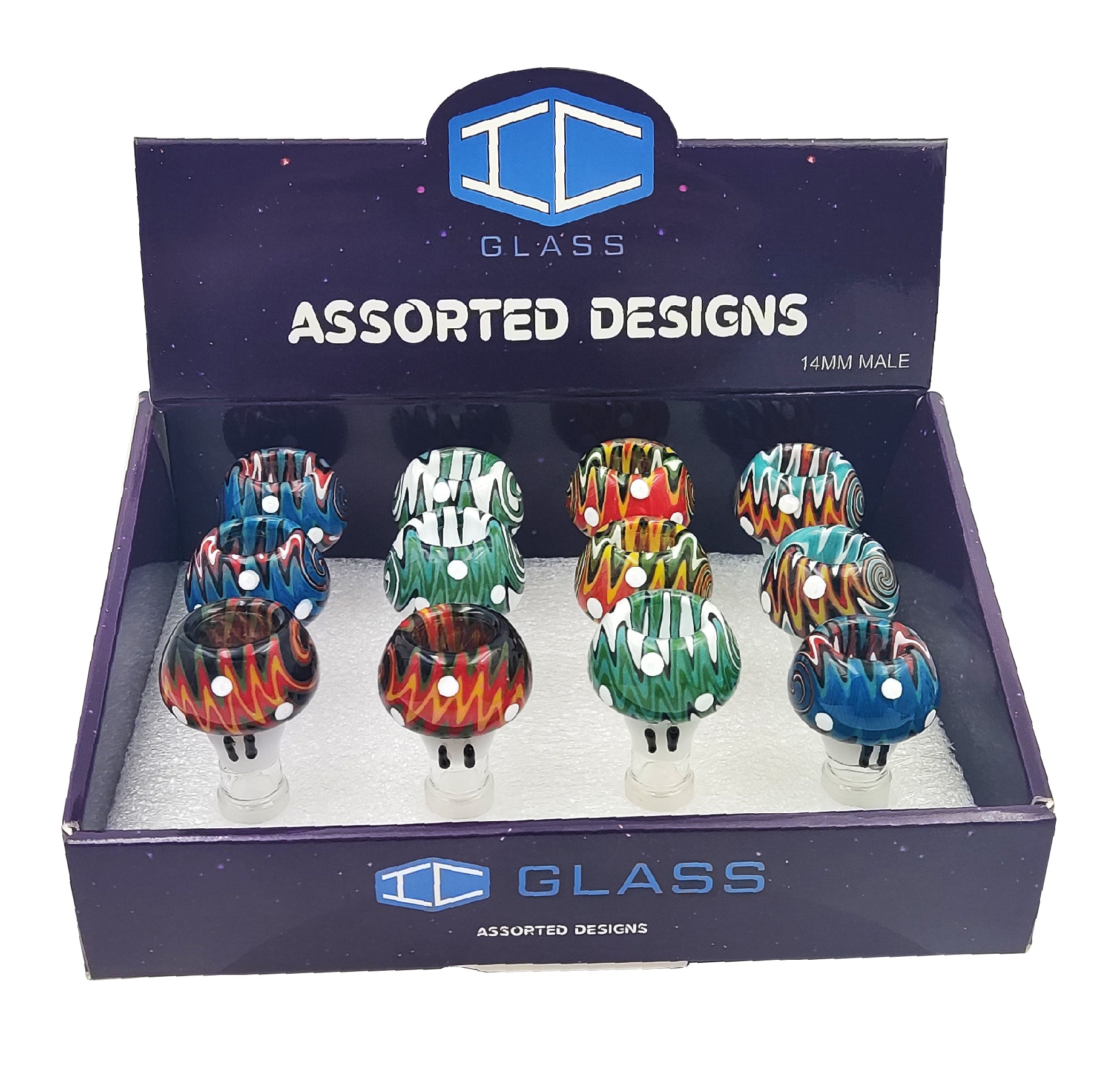 IC GLASS - New Wigwag Bowl Pieces |  14MM Male | 5 Styles | 12 pcs/Box | $7.50 PER PC Main image