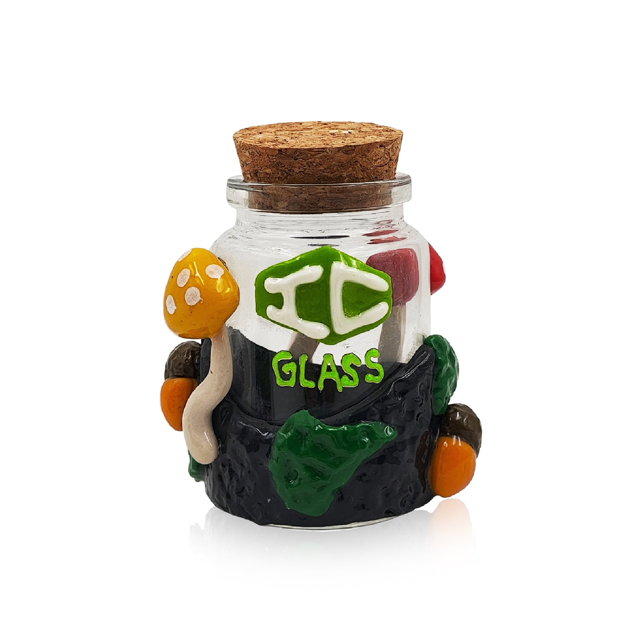 IC GLASS - Clear glass  jar with 3D crafted Mushroom and IC Logo comes with cork cap| ICJ70