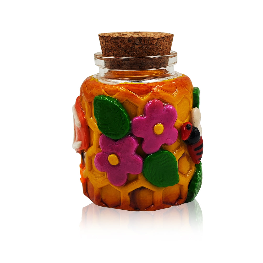 IC GLASS -  Glass jar with 3D crafted flowers , Bee and IC Logo comes with cork cap| ICJ72