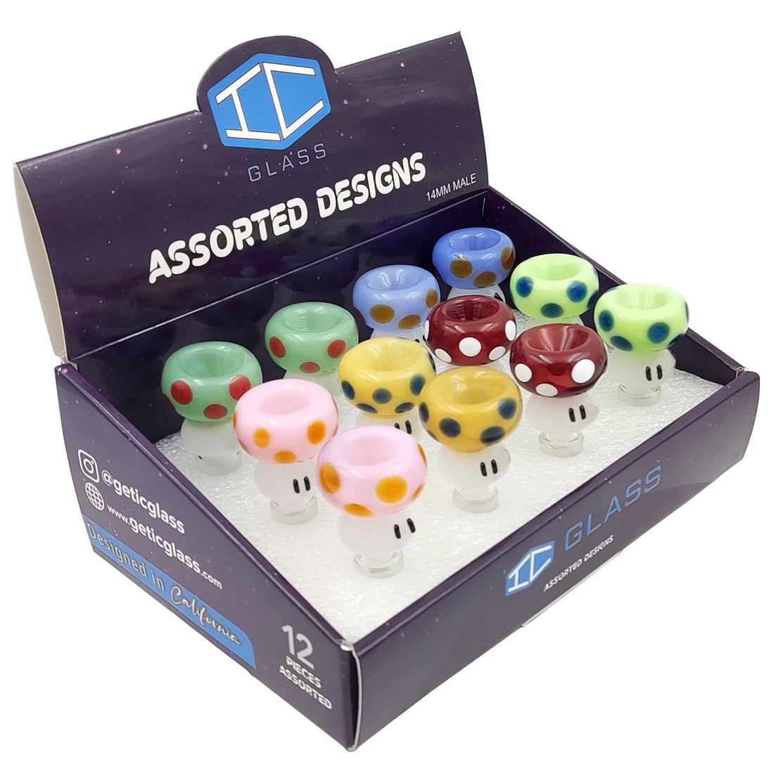IC GLASS - Mushroom Bowl Pieces | 14MM Male | 6 Styles | 12 pcs/Box | $7.50/pc