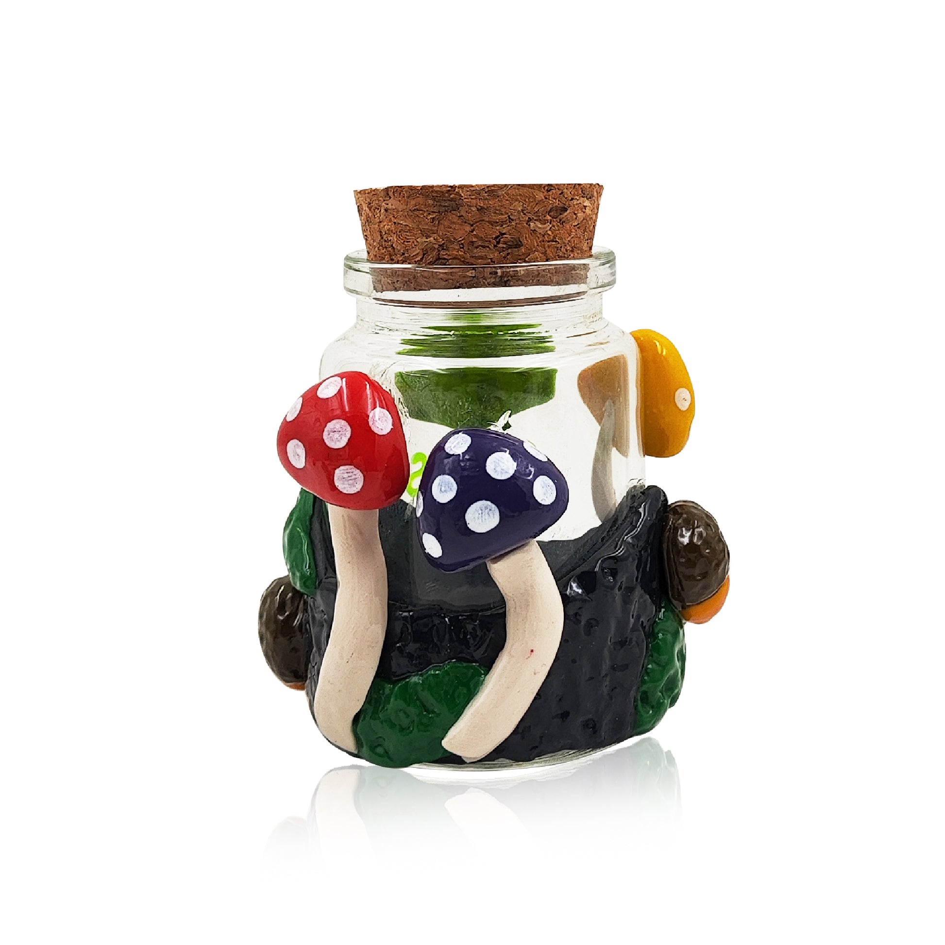 Shop the IC GLASS Clear Glass Jar with 3D Mushroom & IC Logo. Perfect for bulk smoking accessories and wholesale cannabis accessory distribution. Comes with cork cap.