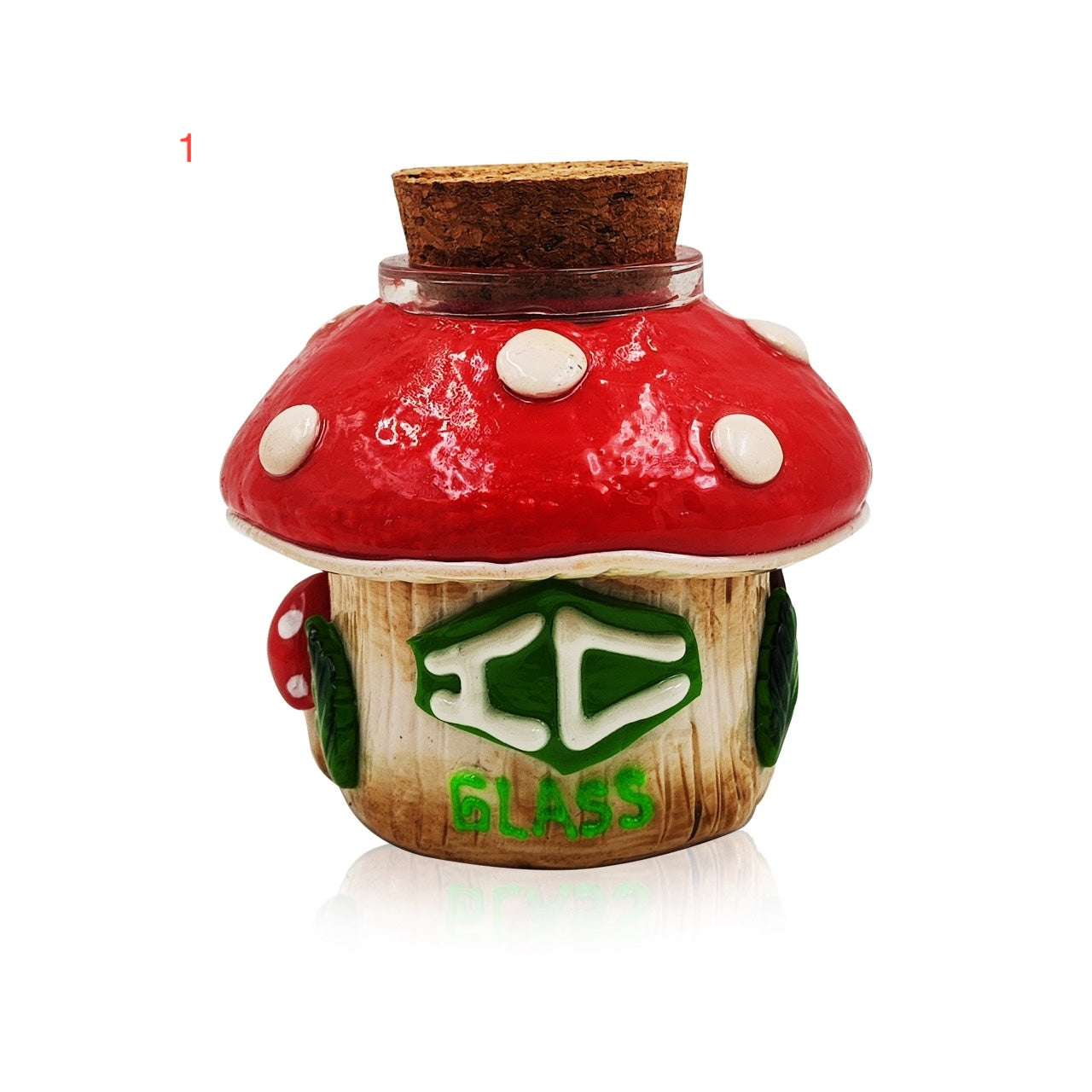 Shop the IC GLASS house-shaped jar with 3D mushrooms & cork cap. A top choice for wholesale cannabis accessories & smoking supplies in California. Main image