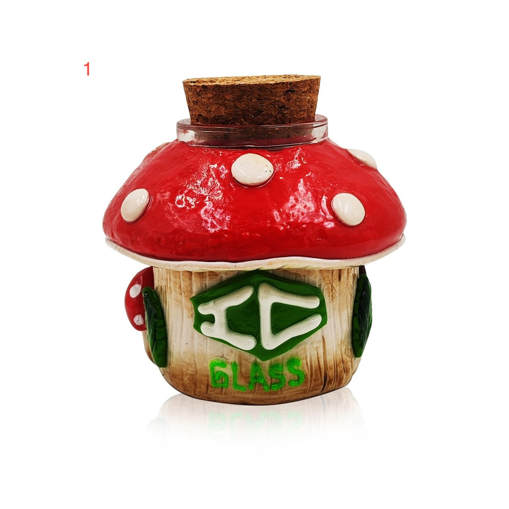 Shop the IC GLASS house-shaped jar with 3D mushrooms & cork cap. A top choice for wholesale cannabis accessories & smoking supplies in California.