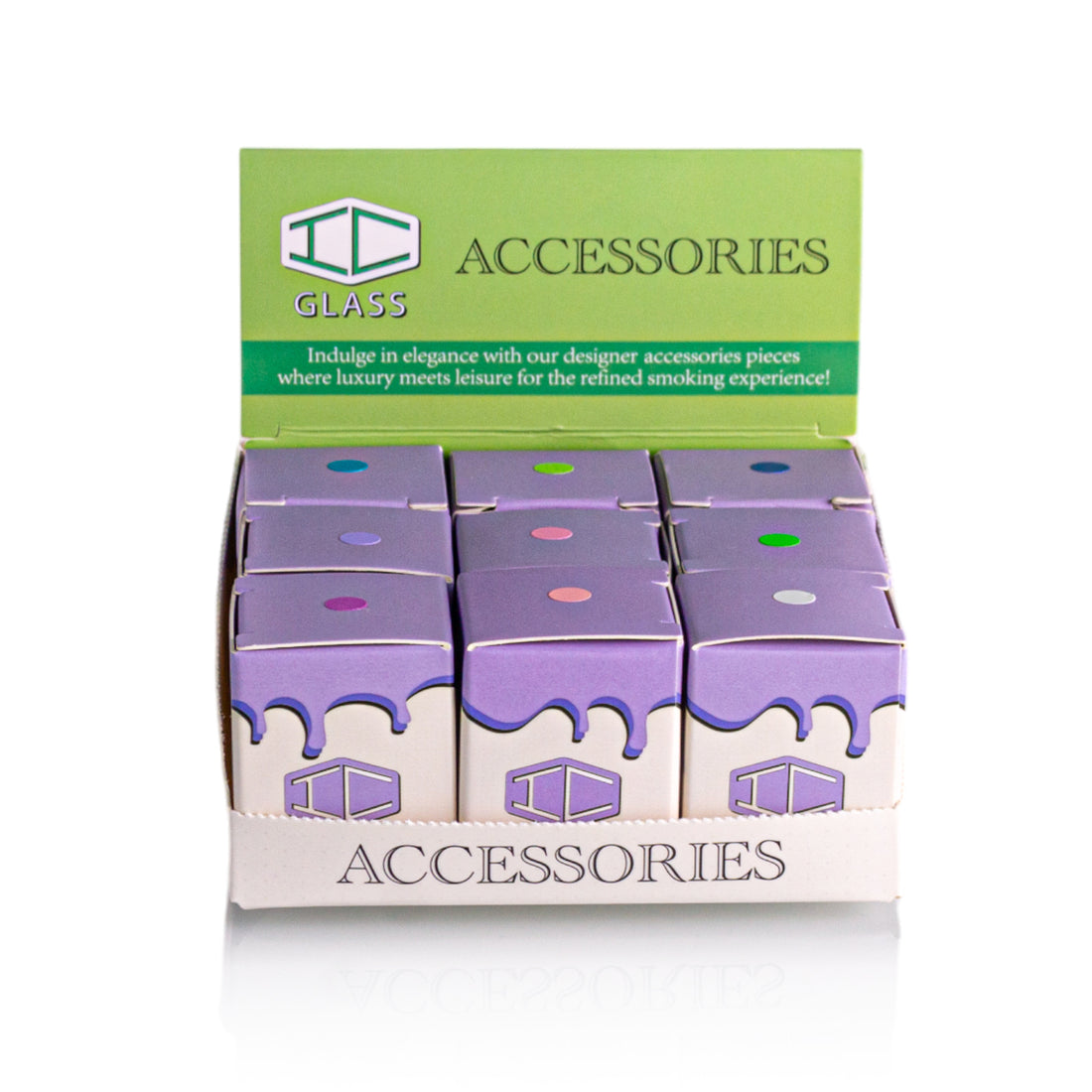 IC Glass Adapter box with 9 assorted color pieces for bongs, wholesale smoking accessories.
