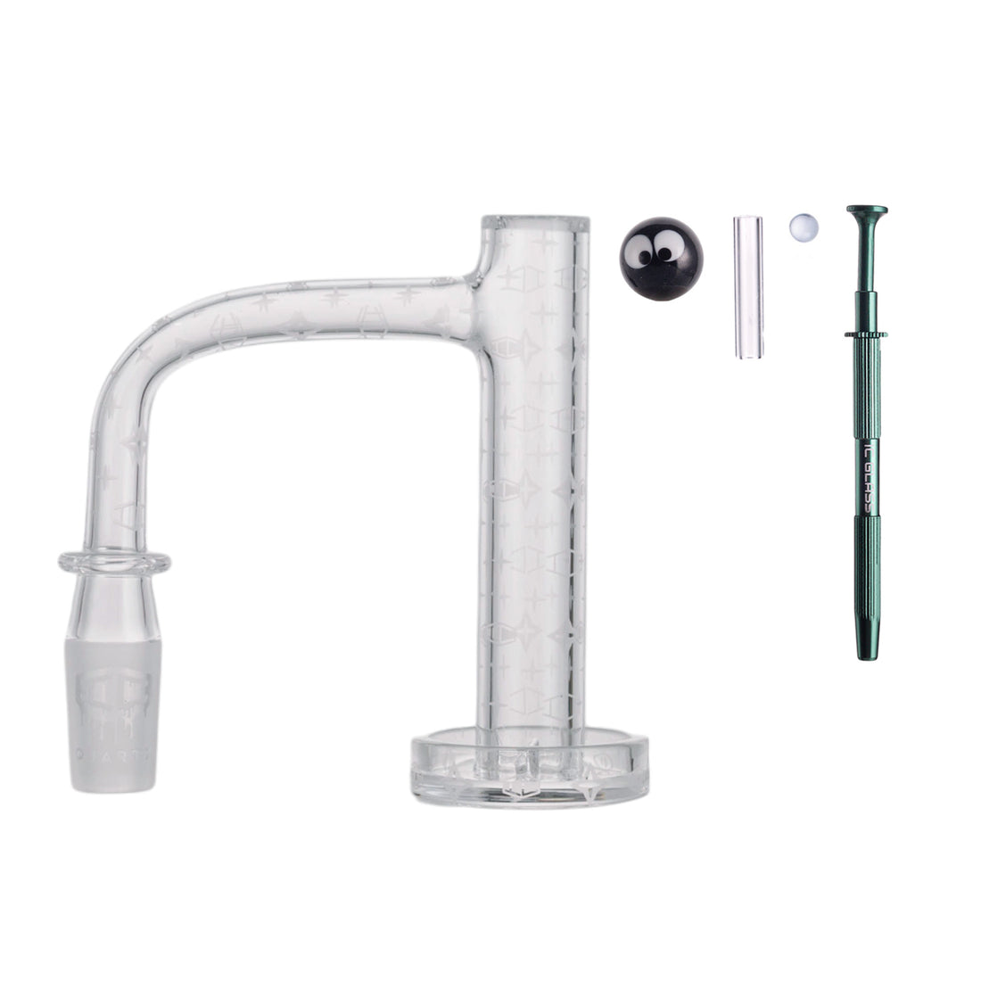 IC Quartz Marvel 14mm 90-degree banger kit with carb cap, terp pearls, and grabber tool - wholesale lot