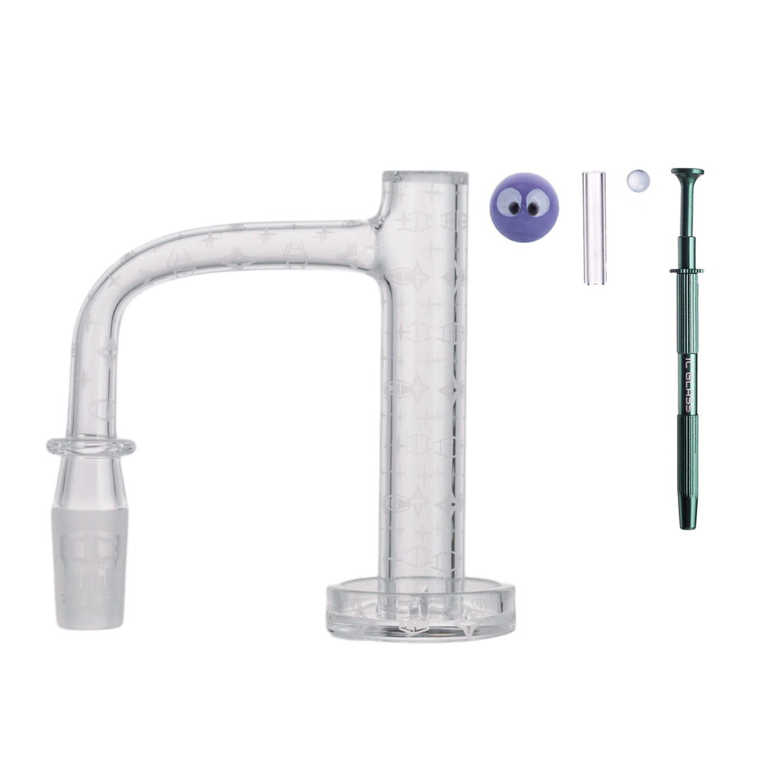 IC Quartz Marvel 14mm 90-degree banger kit with carb cap, terp pearls, and grabber tool - wholesale lot