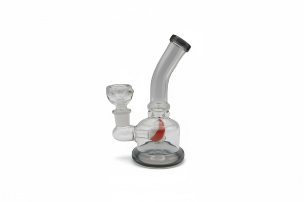 Small glass recycler rig with swirl colored percolator, compact size for flower or concentrate