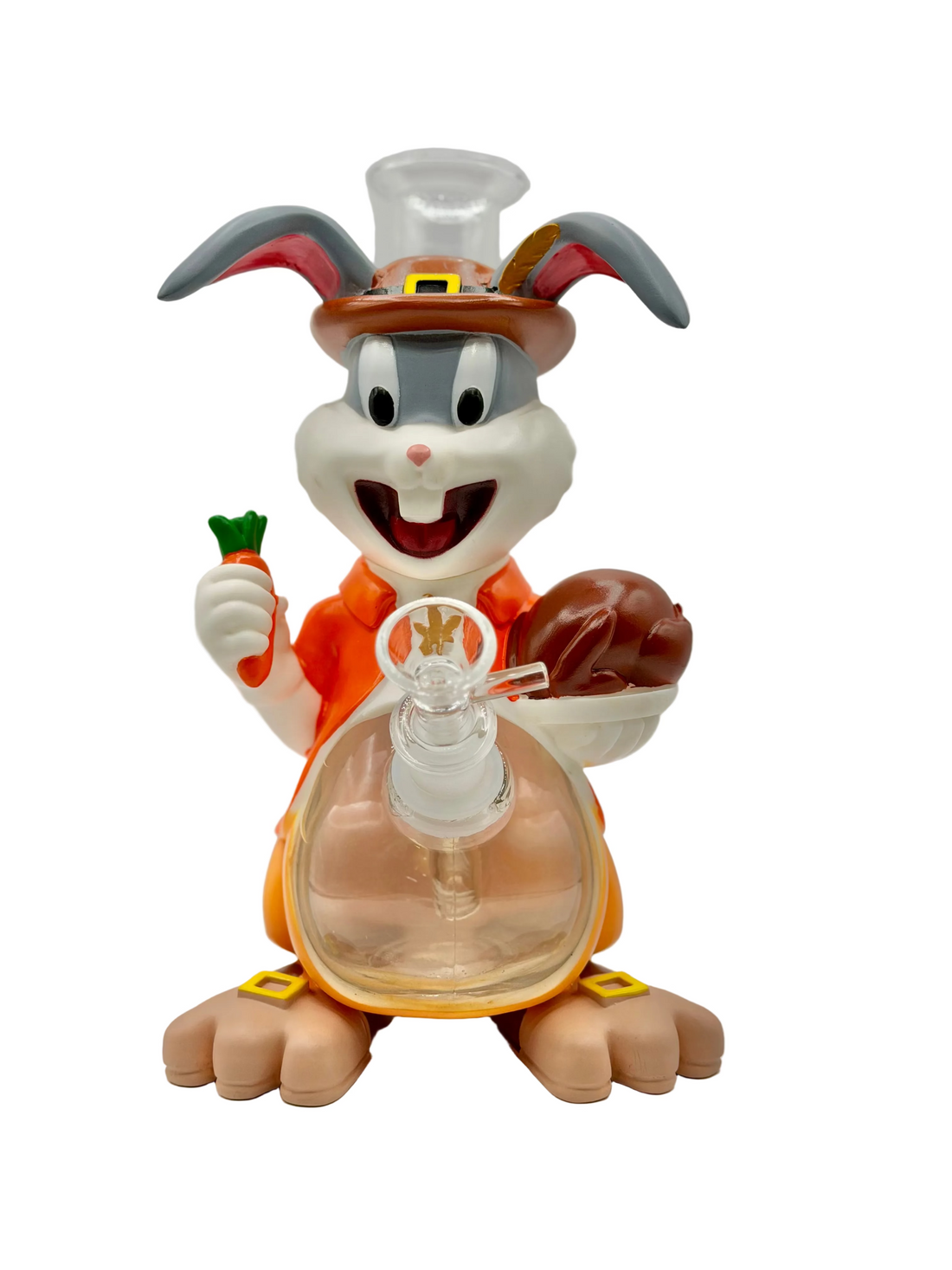 Animated character figurine holding a carrot and a basket on a white background
