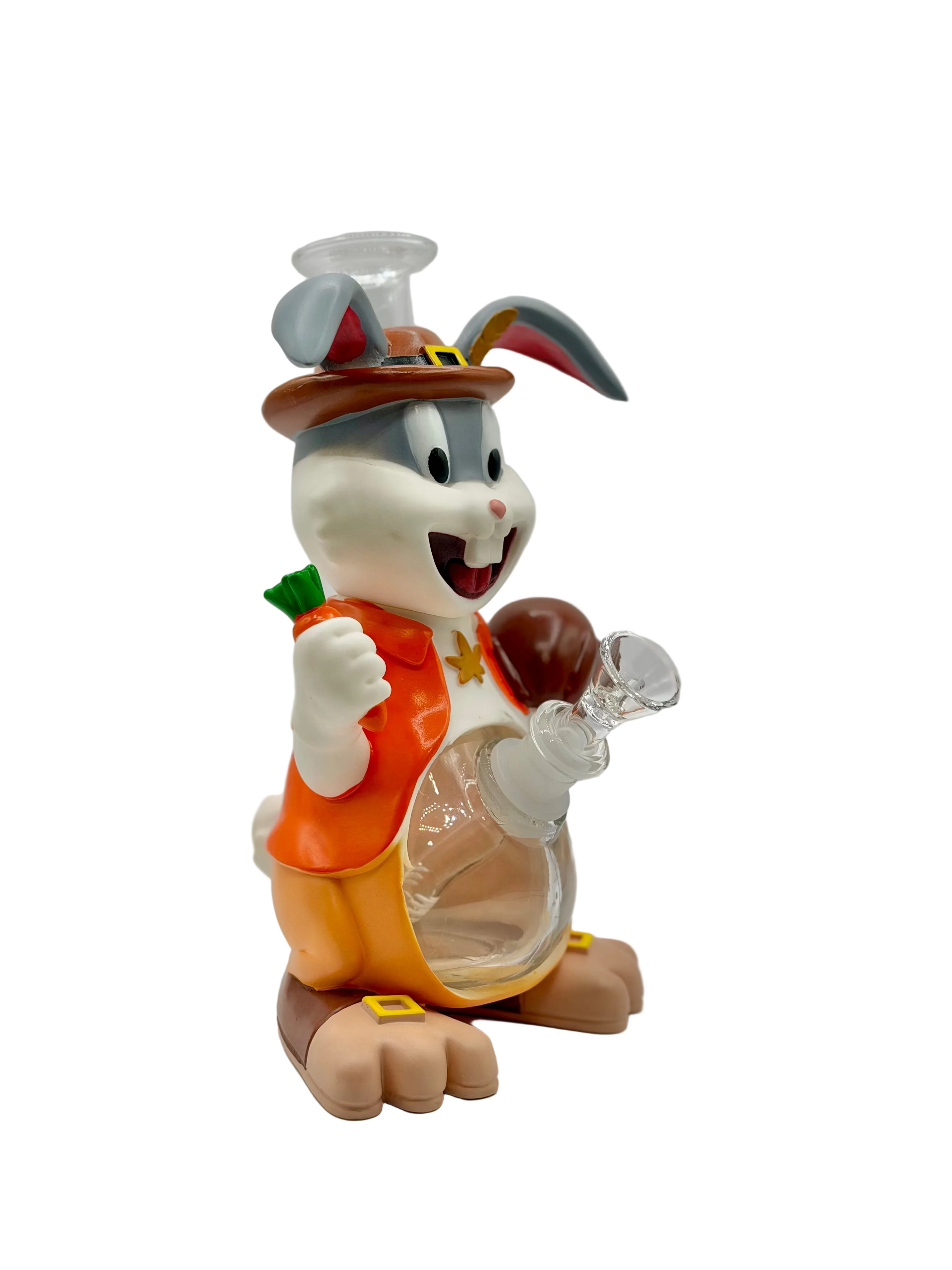 Animated character figurine holding a glass bottle on a white background