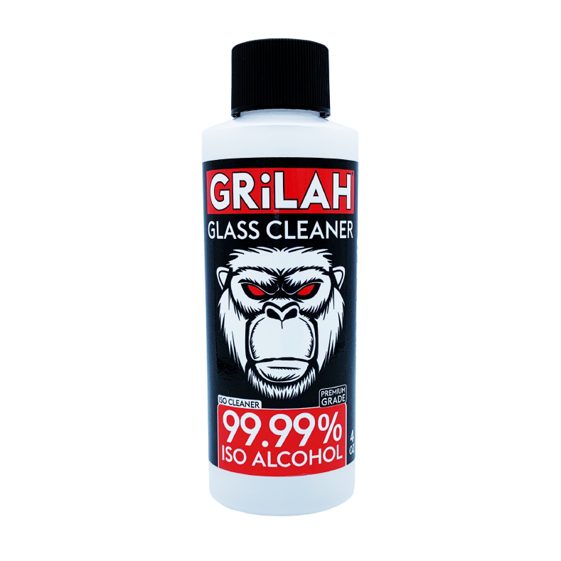 GRILAH ISO Glass Cleaner 4oz bottle for deep cleaning bongs, rigs, and glassware with fast-acting, odor-removing formula.