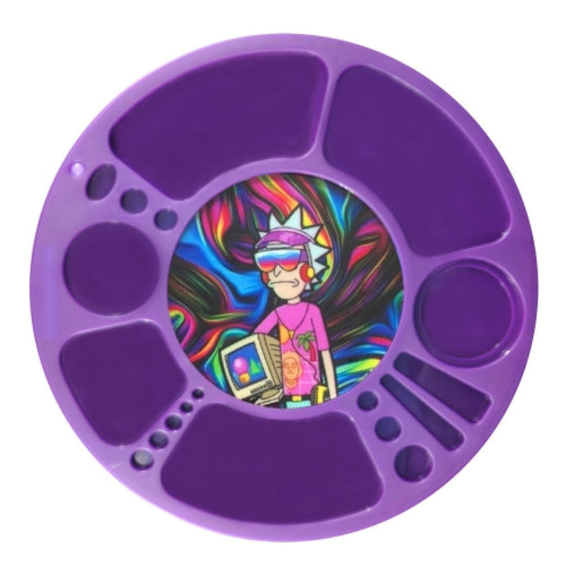 Illuminated rolling tray in purple with smooth plastic surface and bright LED trim