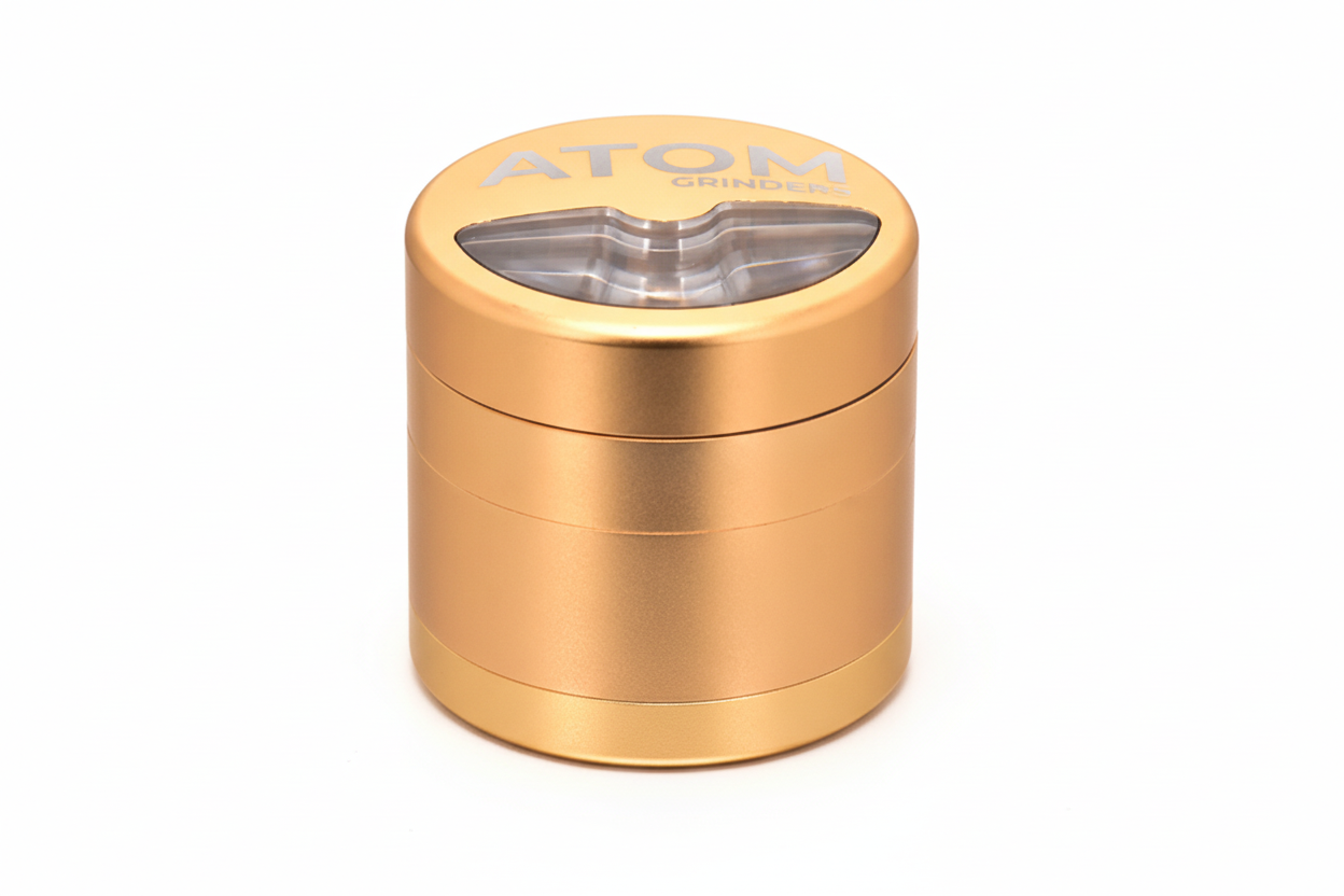 Inside view of ATOM 4-piece herb grinder with sharp teeth and pollen catcher