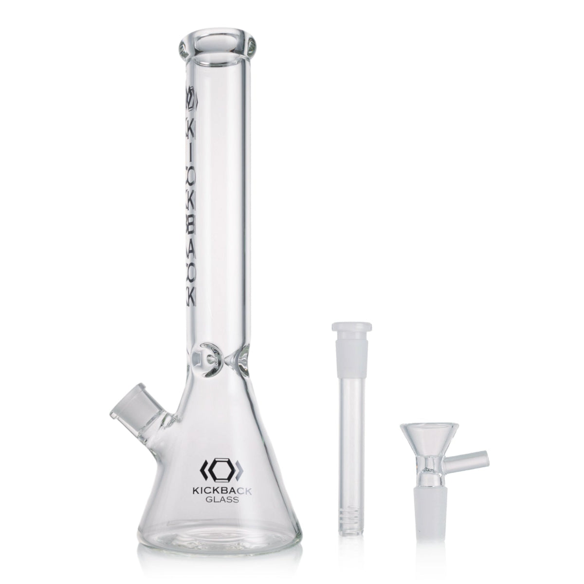 Kickback Glass 16'' beaker bong with removable downstem and bowl piece on white background Main image