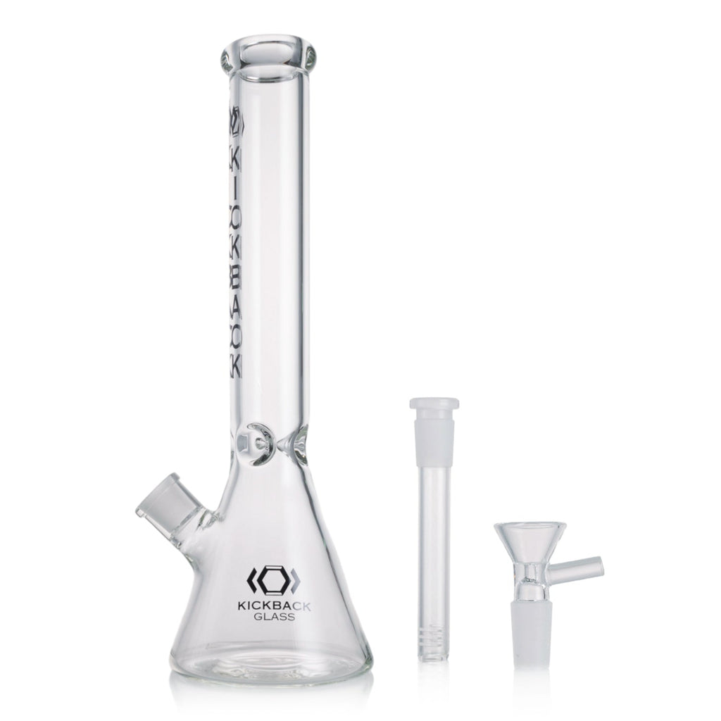 Kickback Glass 16'' beaker bong with removable downstem and bowl piece on white background