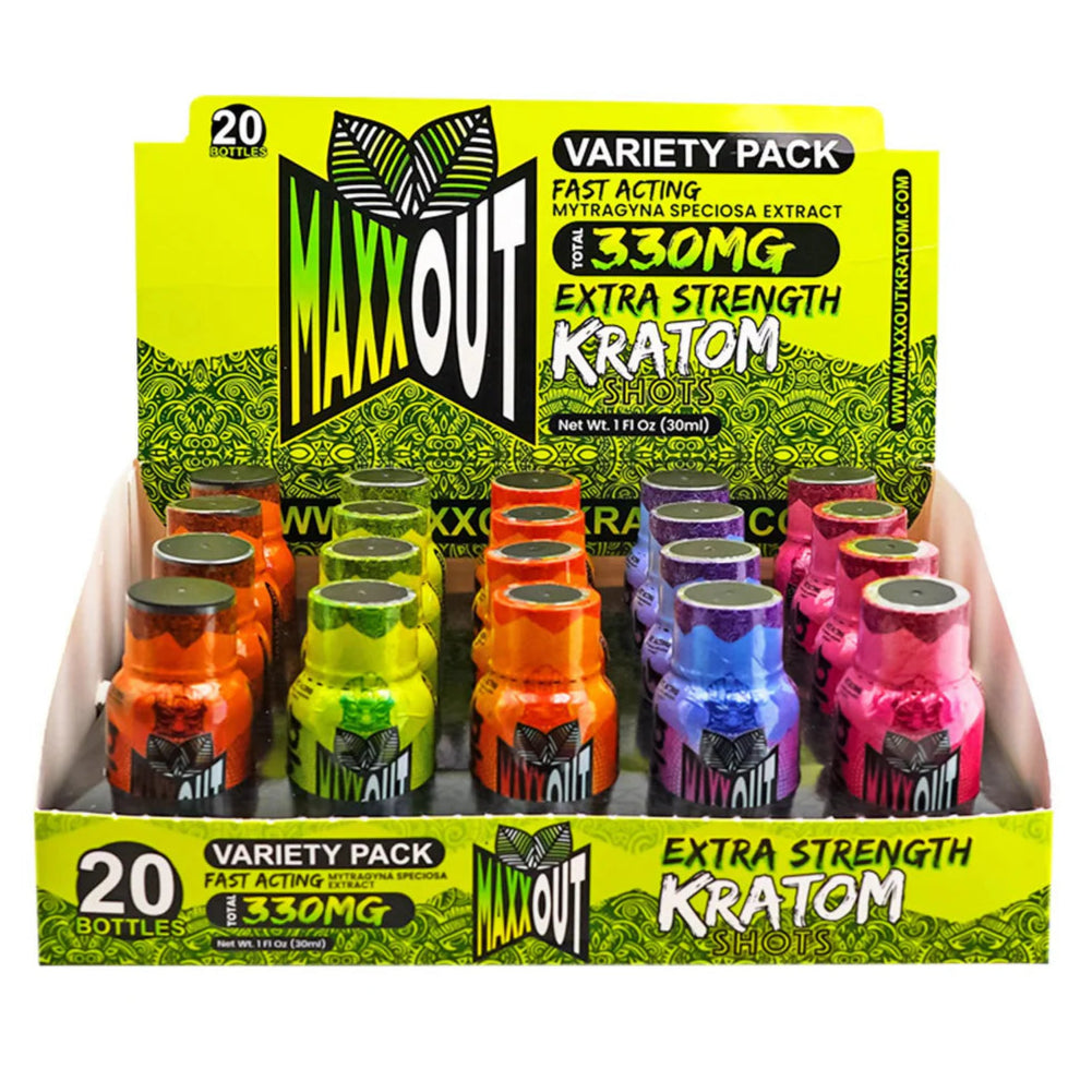 MAXXOUT Kratom Shots 380MG single unit bottle for energy, focus, and fast-acting relief