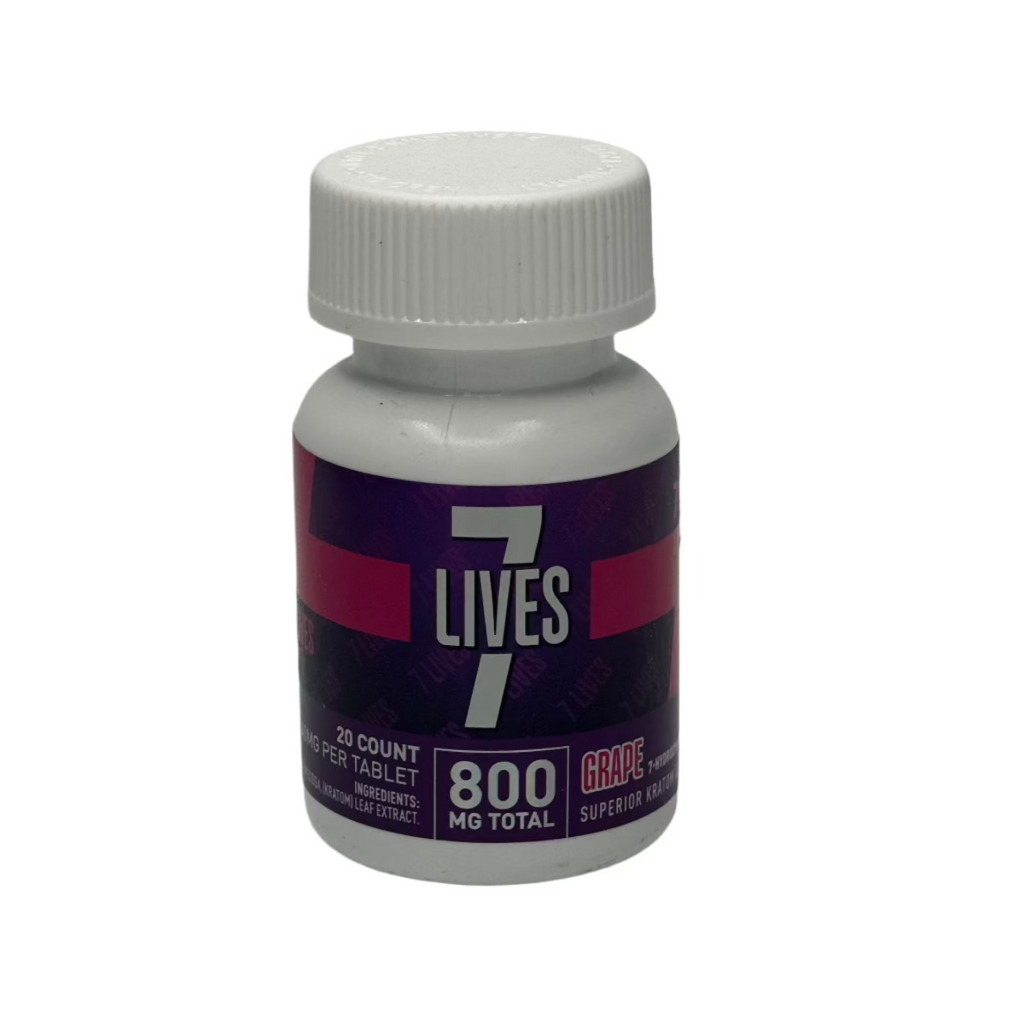 Open bottle of 7Lives Kratom Tablets showing the 40mg tablets inside.