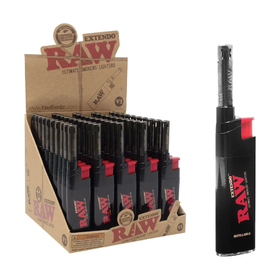RAW Black Extendo Lighter 50ct Display – Wholesale Refillable Butane Lighters for Smoke Shops

 Main image