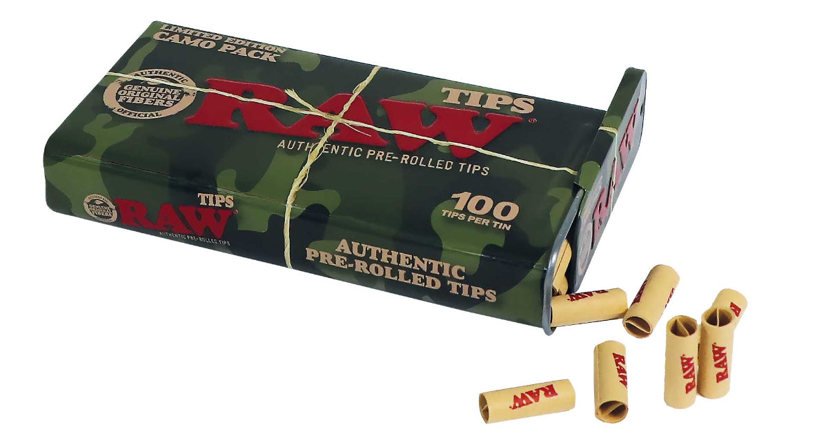 RAW CAMO Tips Tin packaging showing 100 pre-rolled natural paper tips.


