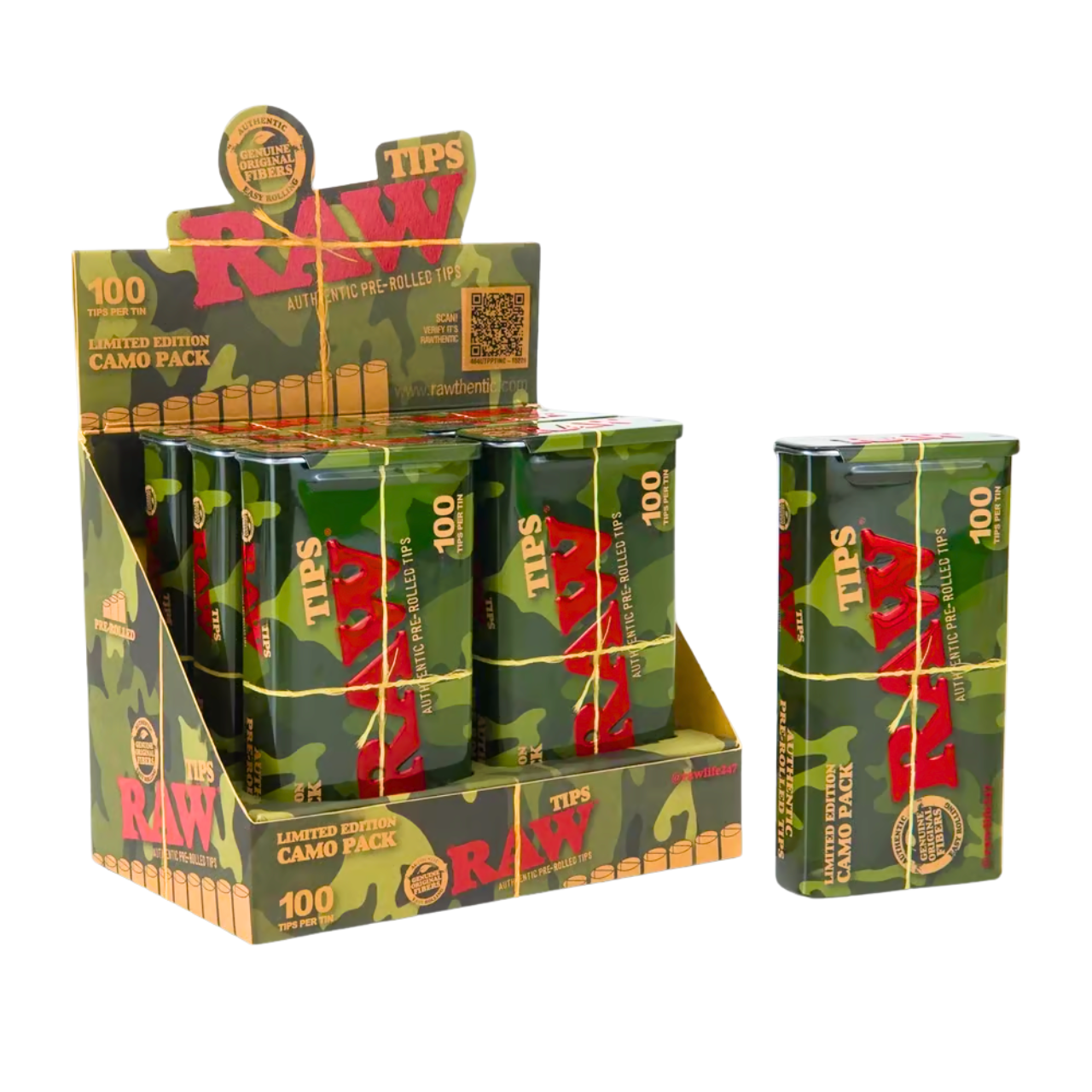 RAW rolling paper tips with camo pattern, perfect for smoking accessories. Main image