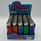 Rave Lighter 50PC Display in assorted vibrant colors with sleek design and reliable flame