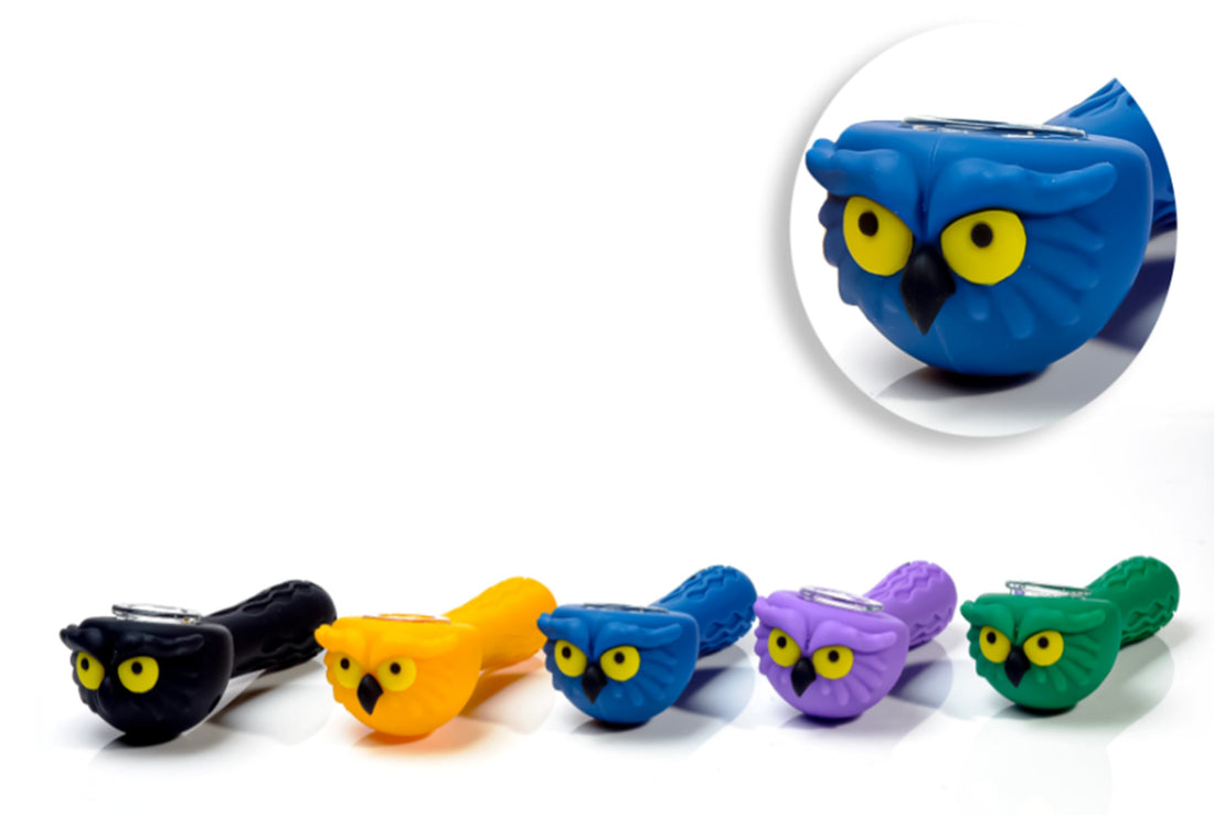 Owl Silicone Hand Pipe With Glass Dish | 4.5" Inches Weed Pipe | Assorted 5 Colors