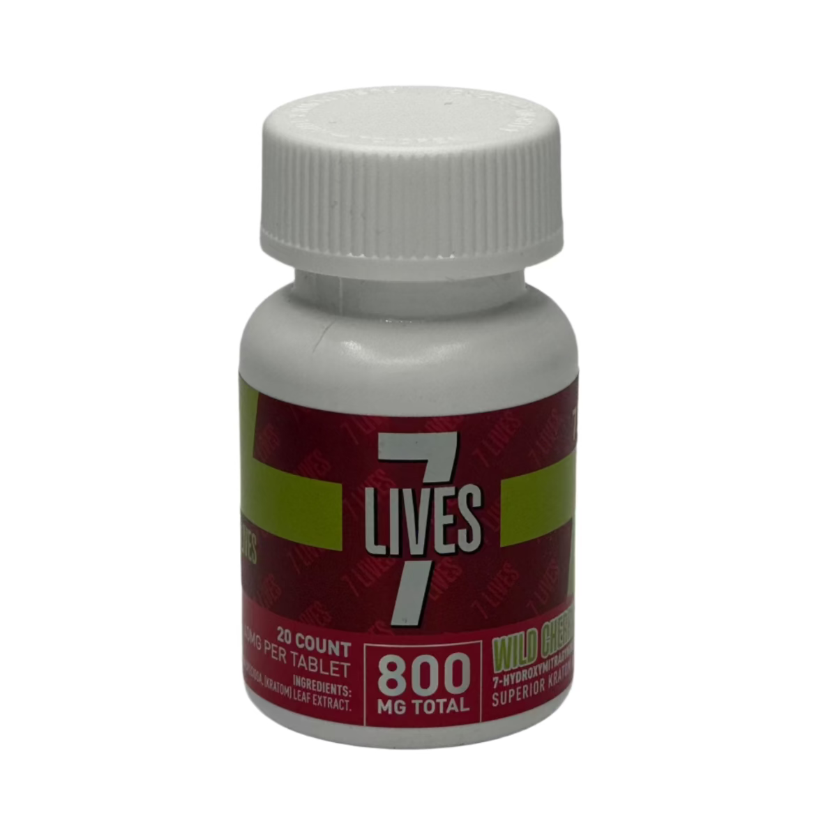 Sealed bottle of 7Lives Kratom Tablets, 20 count, showing the label with 800mg total strength. Main image