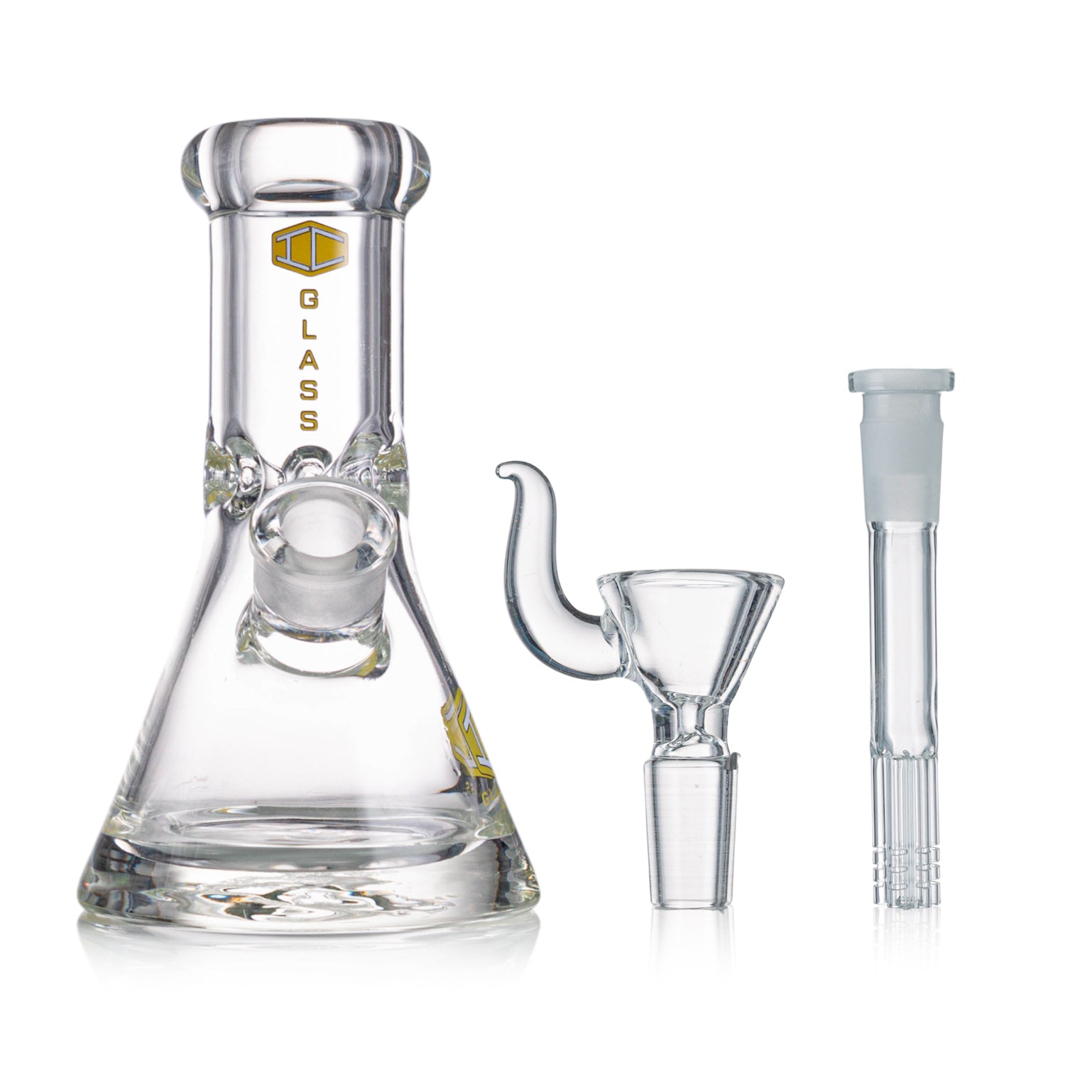 Sturdy beaker-style bong with multi-arm perc filtration