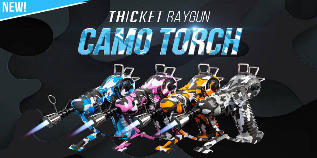 Get the THICKET SPACEOUT - CAMO RAYGUN Torch Lighter in bulk! A top-selling novelty with real performance, perfect for cannabis accessories wholesale and smoke shops.