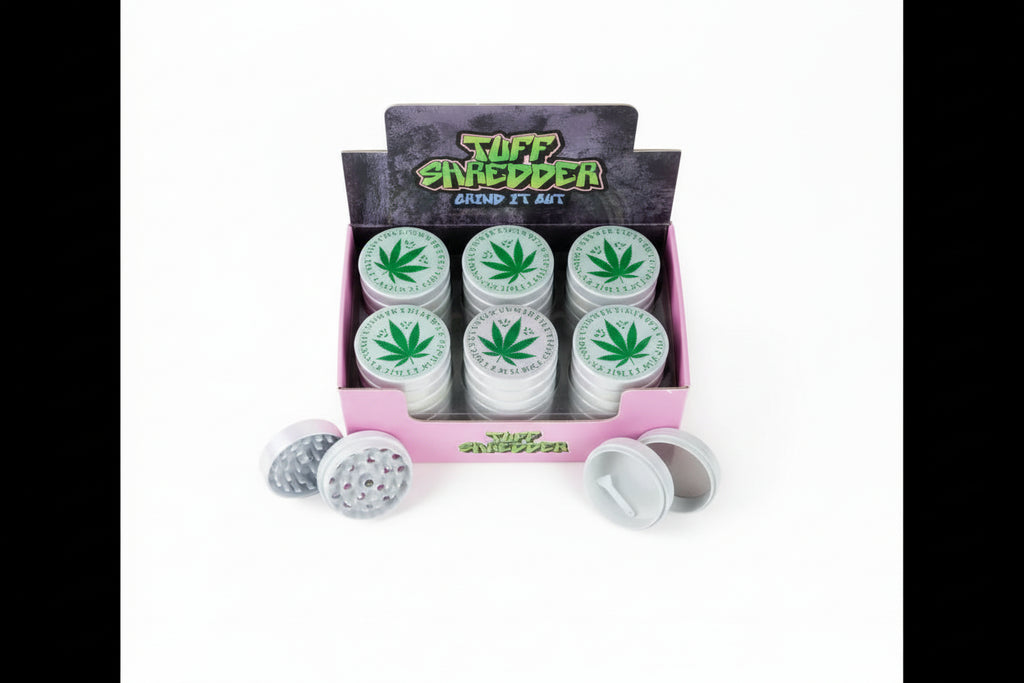 Shop the Tuff Shredder 45MM Iridescent 4-Piece Grinder with Ashtray – top-rated wholesale cannabis accessory with a weed print design and built-in ashtray.