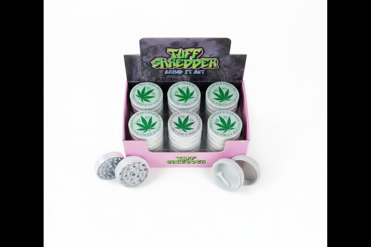 Shop the Tuff Shredder 45MM Iridescent 4-Piece Grinder with Ashtray – top-rated wholesale cannabis accessory with a weed print design and built-in ashtray.