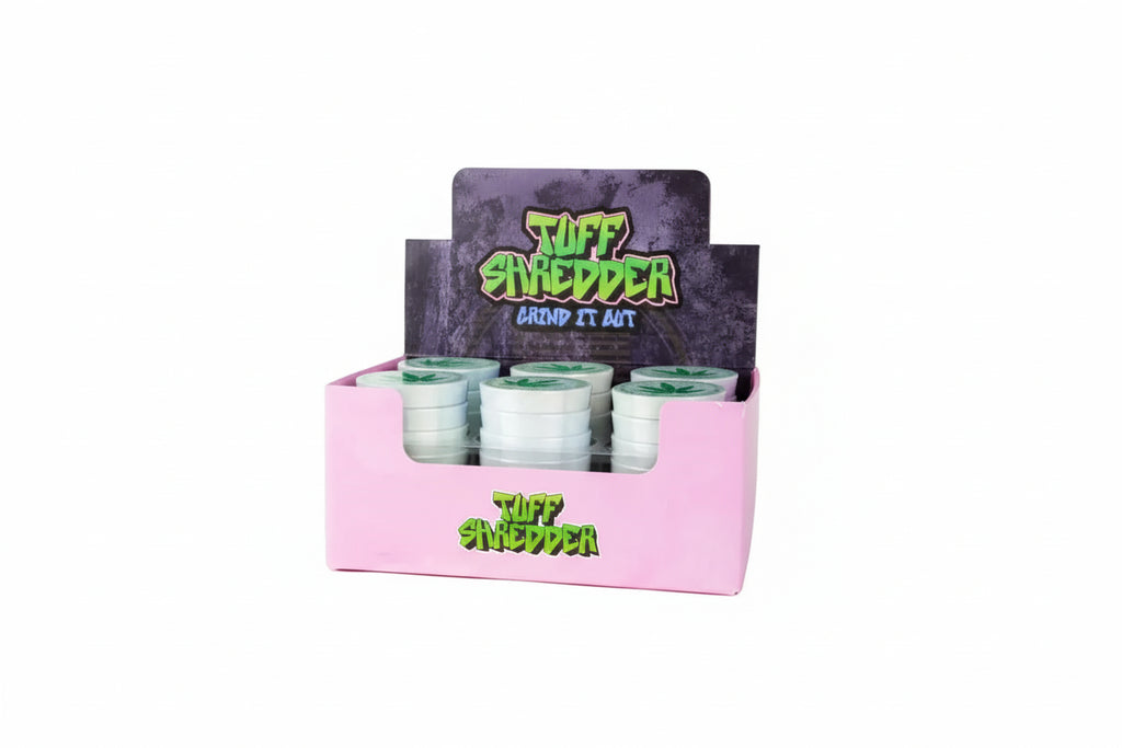 Shop the Tuff Shredder 45MM Iridescent 4-Piece Grinder with Ashtray – top-rated wholesale cannabis accessory with a weed print design and built-in ashtray.
