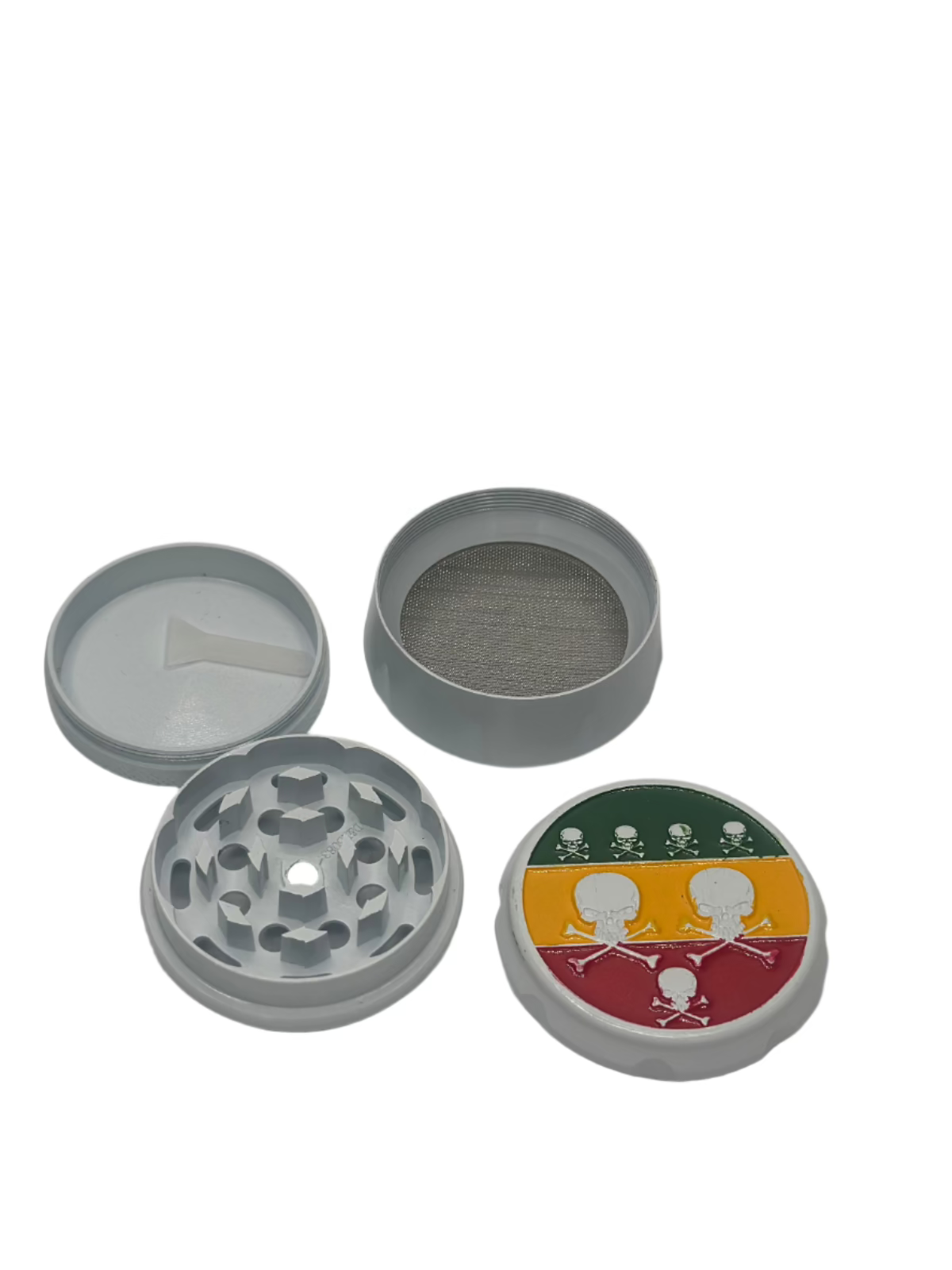 Tuff Shredder grinder featuring vivid multicolor skull