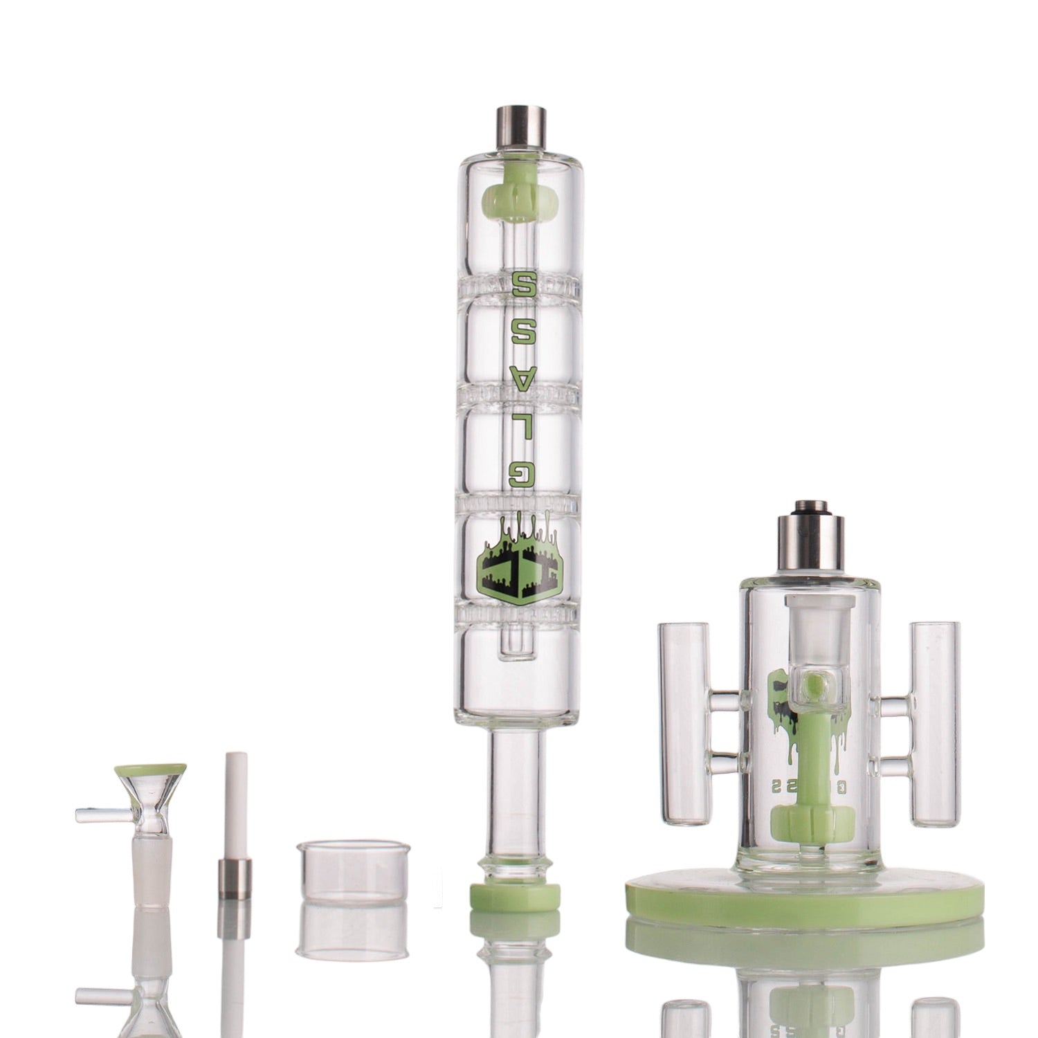 Wholesale display of IC Glass dual-purpose dab rigs and nectar collectors in green for smokeshop