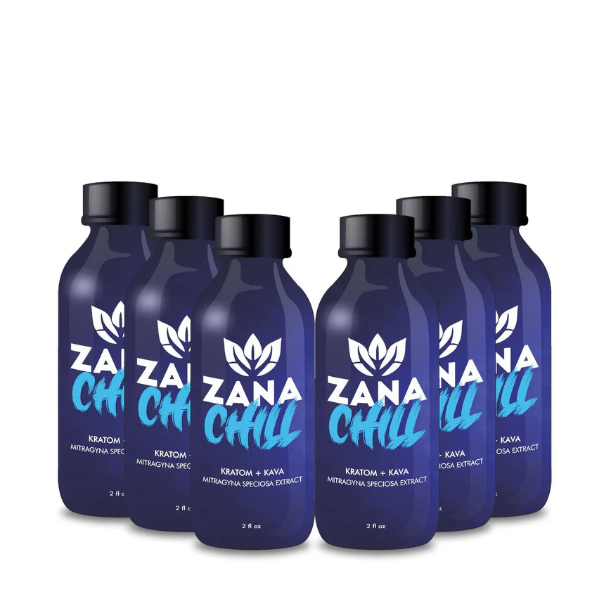 ZANA Chill 2.0 fl oz shot with Kratom and Kava for stress relief, calm focus, and relaxation in a compact bottle.