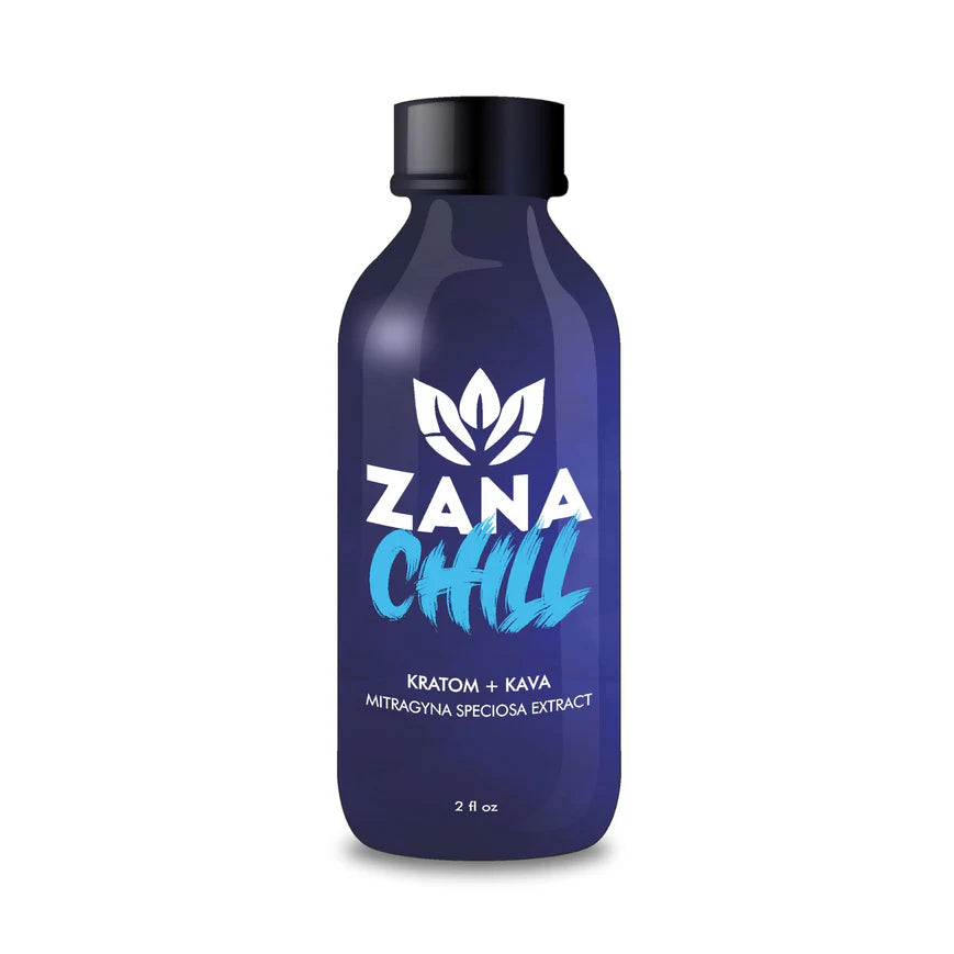 ZANA Chill 2.0 fl oz shot with Kratom and Kava for stress relief, calm focus, and relaxation in a compact bottle.