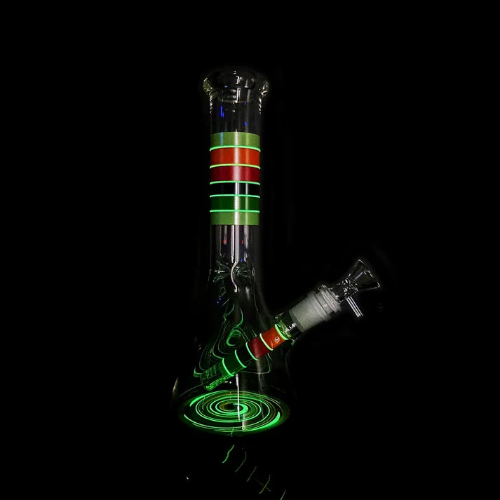 Waterpipe with Layered Colorful Lines on Neck and Swirl Pattern on Bottom - Glow in the Dark | WP5324