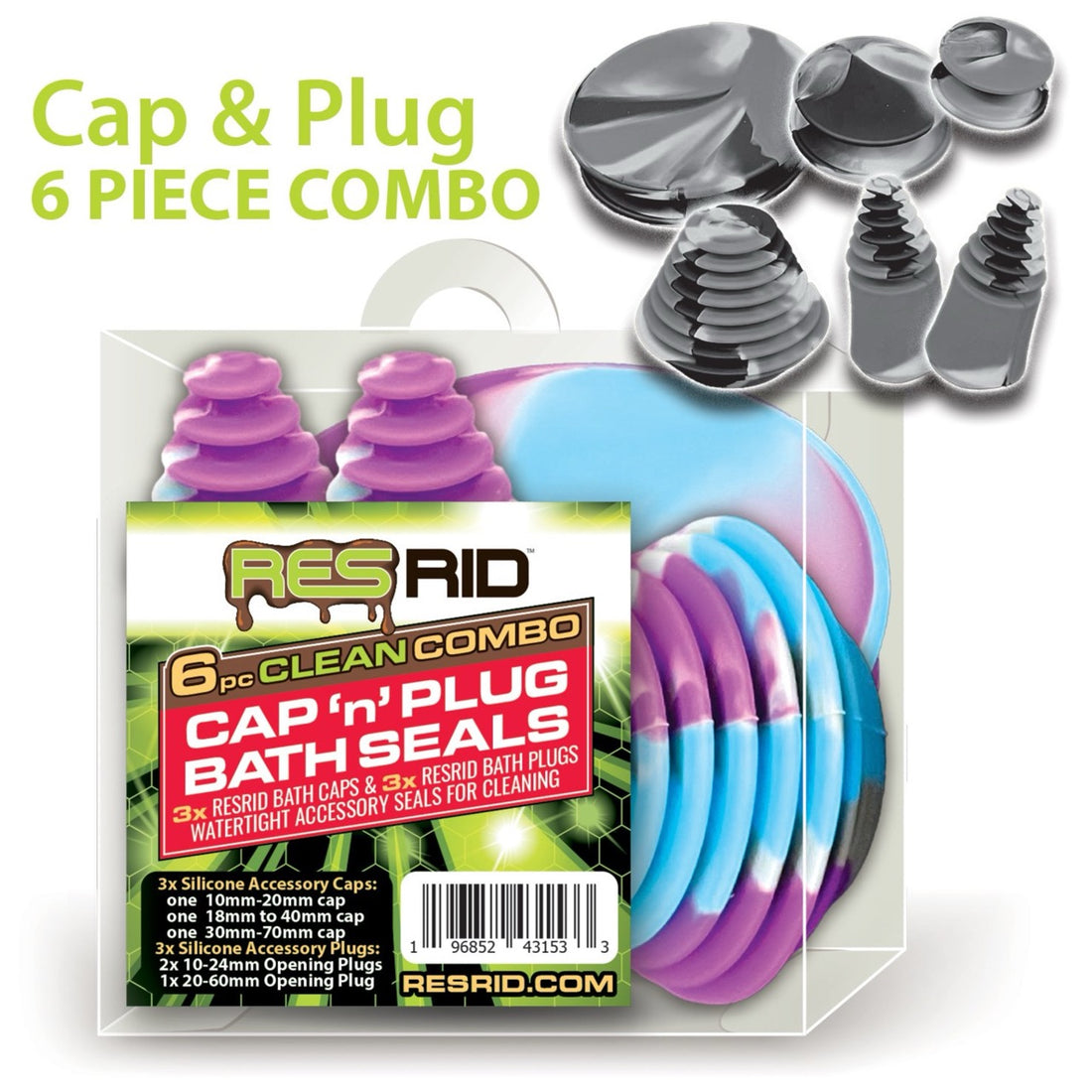 RESRID Cleaner - Bath Cap & Plug COMBO | Single 6-pack Value Pack | Assorted 10 Colors