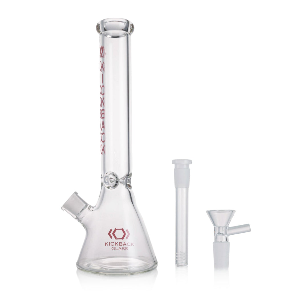 clear glass beaker bong with ice pinch, downstem, and matching bowl 
