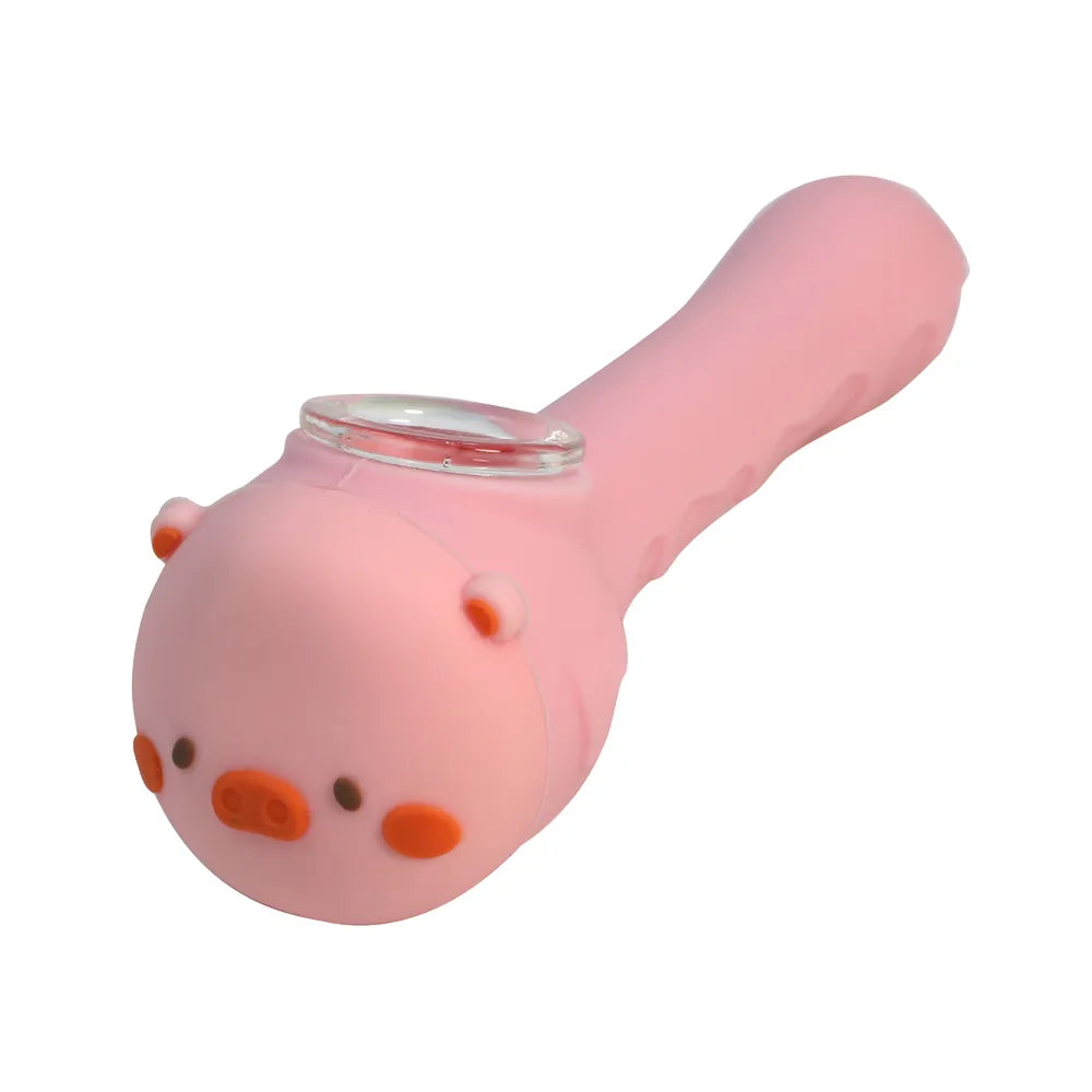 Silicone - 3.5" Creative Cute Piggy Hand Pipe with Glass Bowl | 5 Units / Pack | Pack