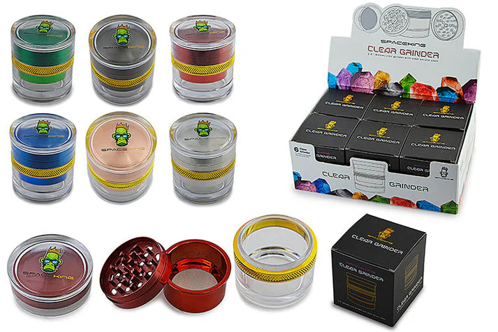 Spaceking Zinc Grinder - Clear Acrylic Shell | 4 Parts | 2.50 inches | Display of 6 Assorted Colors ($10.00 Each )