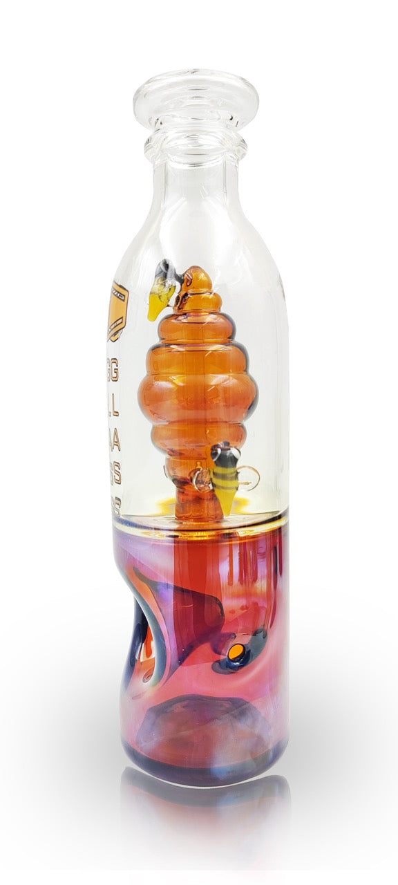 side view of IC GLASS Honey Bee handpipe showing detailed honey bee glass artwork
