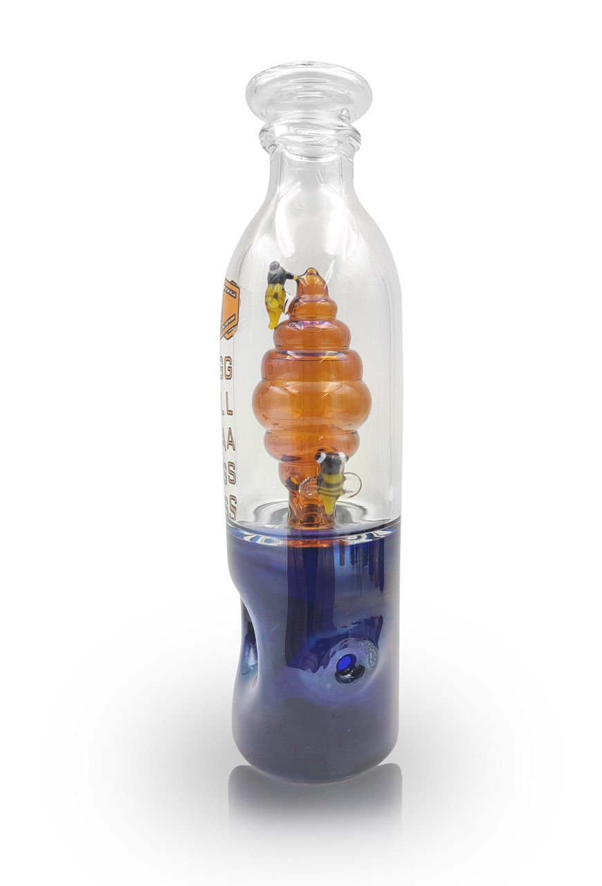side view of blue  IC GLASS Honey Bee Functional Handpipe