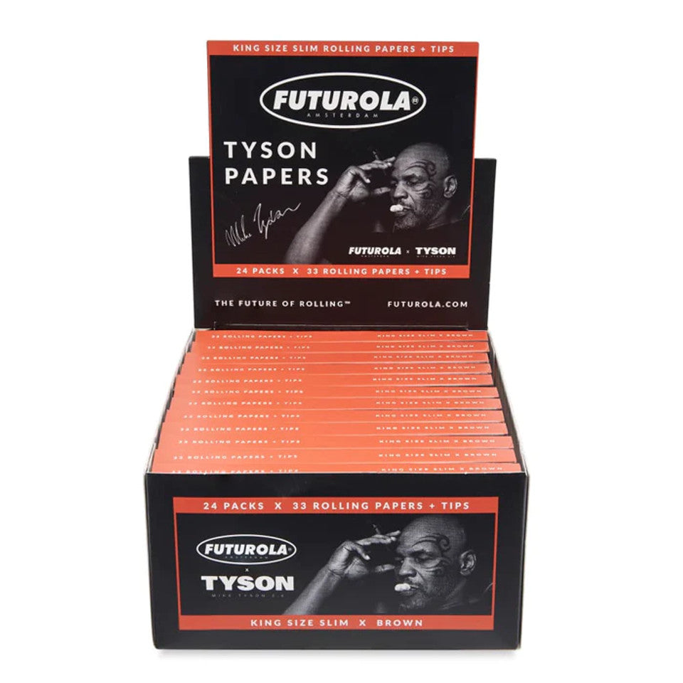 Futurola Tyson King Size Slim -  Papers with Tips | 24 Pack | 33 Rolling Papers | Brown