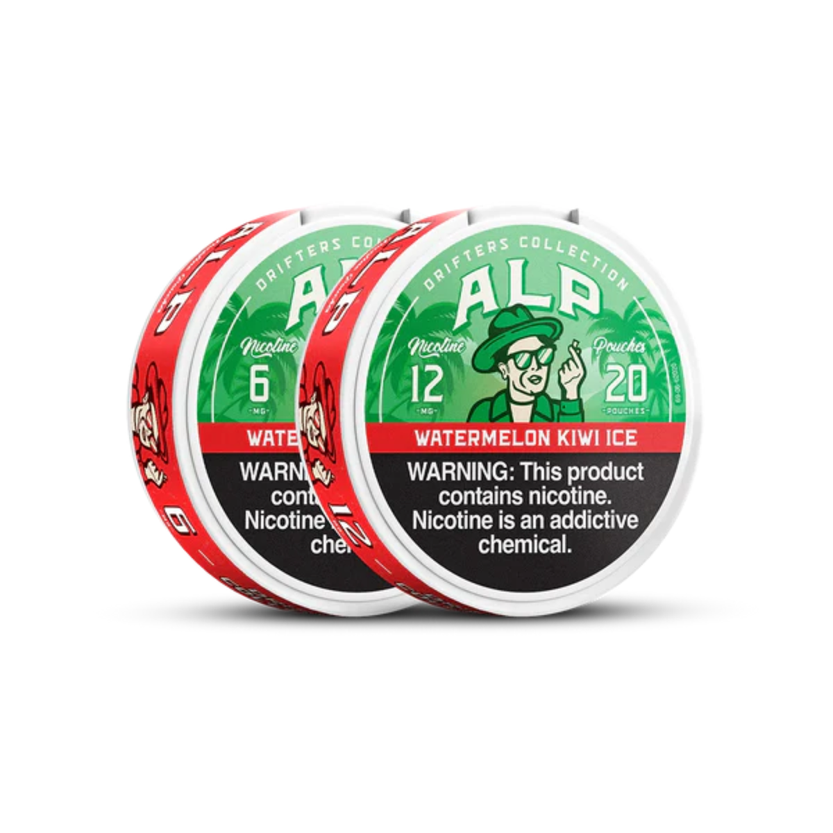 Two round aluminum tins of Drifters Collection Alp Watermelon Kiwi Ice nicotine pouches, showing the green and red packaging with a cartoon kiwi character and a prominent nicotine warning label. Main image